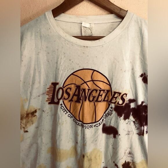 Vintage Lakers Tie Dye Shirt - L - Cotton Y2K Short Sleeve Shirt - Yellow White - Picture 3 of 4